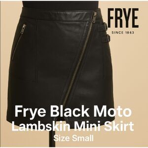FRYE Black Lamb Leather Mini Skirt Women’s Size S Moto Style Buckle Detail